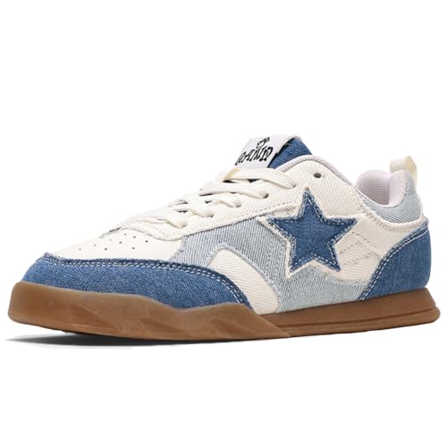 Q-AND Men Women Retro Denim Star Patch Skate Sneakers, Mixed Material Spliced Casual Walking Shoes with Rubber Outsole (Denim Blue, US Footwear Size System, Adult, Women, Numeric, Wide, 10)