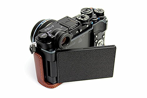 Pen-F Case, Bolinus Handmade Genuine Real Leather Half Camera Case Bag Cover For Olympus Pen-F Bottom Opening Version + Hand Strap - Coffee #TOP2