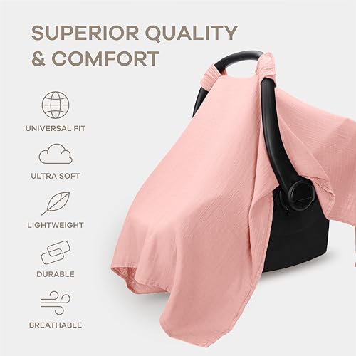 Image of Comfy Cubs Baby Car Seat Cover - Soft, Breathable Bamboo Rayon and Muslin Cotton Blend - Lightweight Canopy for Sun, Bug, and Comfort Protection - Large Size Infant Seat Cover in Bold Blush Design