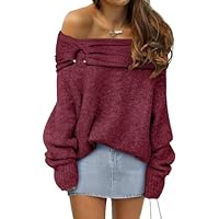 ANRABESS Suéter feminino de manga comprida com ombro de fora, casual, solto, de malha 2025, outono e inverno, Vermelho (berry Red), M