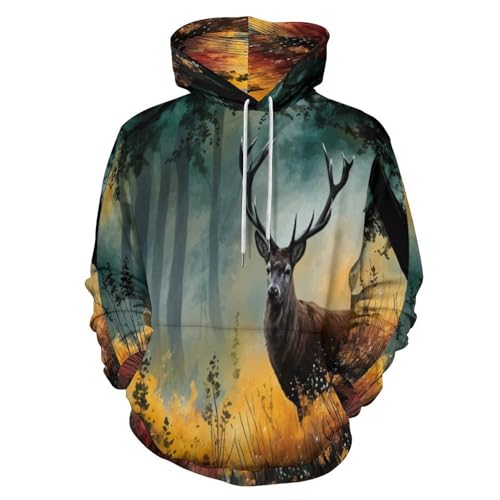 Sweat à capuche forêt et cerf pour homme et femme pull vintage marron décontracté