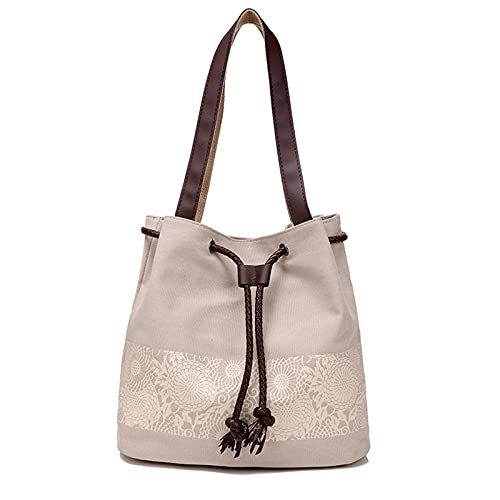 Image of Women Shoulder Bag Canvas Tote Bag Retro Drawstring Bucket Bag Ladies