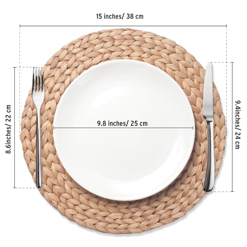 Image of 6 Pack, Round Woven Placemats, Natural Water Hyacinth Place mats, Braided Straw Table Mats for Dining Table, Christmas Placemats Set of 6 (15 inch)