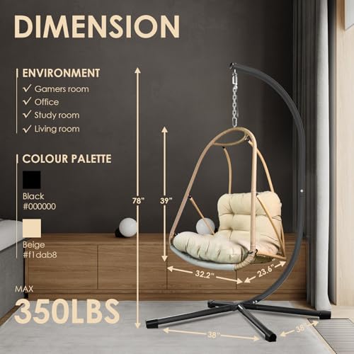 Image of JESE Swing Egg Chair Foldable Frame Hanging Chairs, UV Resistant Waterproof Cushion and Cup Holder,Swing Hammock Chairs for Patio,Bedroom,Balcony, Garden-350lbs, Stand Included, Brown
