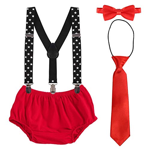Cake Smash Outfit Set for Baby Boys 1st/2nd Birthday Diaper Cover Bowtie Adjustable Suspenders Ties Bloomers for Birthday Photography Fishing Party Red+Black One Size