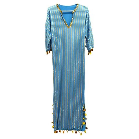 Horus Artesanía de Egipto Pretty Egyptian Belly Dance Dress Saidi, Baladi Galabeya, Fallahi Abaya, Kaftan, Handmade Embroidery, One Size, Sriped, Stretchable (Blue Gold) Cover