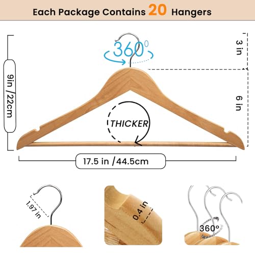 MRTLLOA 6/20/30 Pack Wooden Suit Hangers for Men & Women, Heavy Duty Coat Hangers, Elegant, Durable & Non-Slip, Solid Coat Hanger for Jacket, Suit, Shirt, Jeans(Natural, 20-Pack) - Image 6