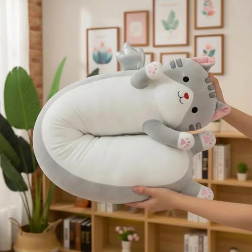 Image of Long Cat Plush Pillow, Cute Cat Stuffed Animal Body Pillow with Wings, Soft Kawaii Kitty Hugging Pillow, Christmas Valentine's Birthday Gift for Kids Girls Boys (Gray, 90cm /35.43in)