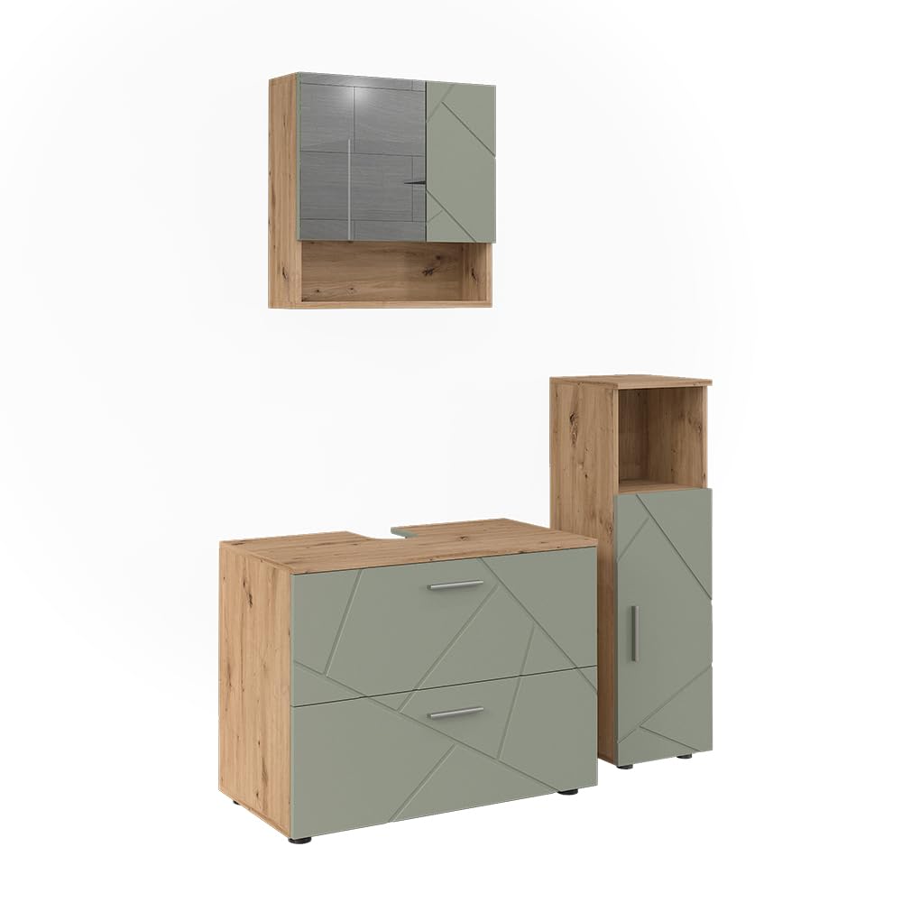 Vicco Set di mobili da bagno Irma, Verde salvia, 80 cm, composto da mobile sottolavabo, specchiera e mobile medio