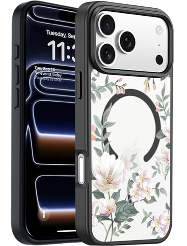 Image of VONZEE Back Cover Case Compatible with iPhone 17 Pro Case Luxury Retro Flowers Floral Clear for Magnetic Wireless Charging Case Shockproof PC+TPU Cute Glossy Shiny Cover for Girls Women, 6.3'' Black