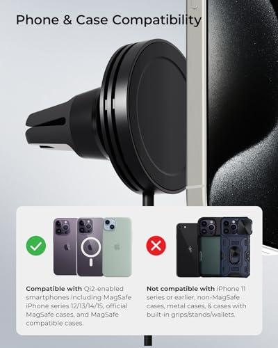 iOttie Velox Qi2 Mini Wireless Car Mount Charger | Air Vent Car Phone Holder | MagSafe Phone Mount 15W Charger for Qi2-enabled Smartphones Including iPhone12, 13, 14, and 15. Car Charger Included.