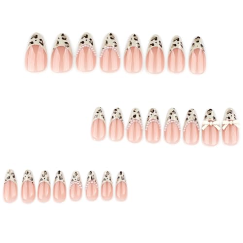 Image of Leopard Print Press on Nails Medium Almond Fake Nails French Tip False Nail with Pearl Design Bow Glue on Nails Glossy Artificial Acrylic Full Cover Stick on Nail for Women Manicure 24Pcs