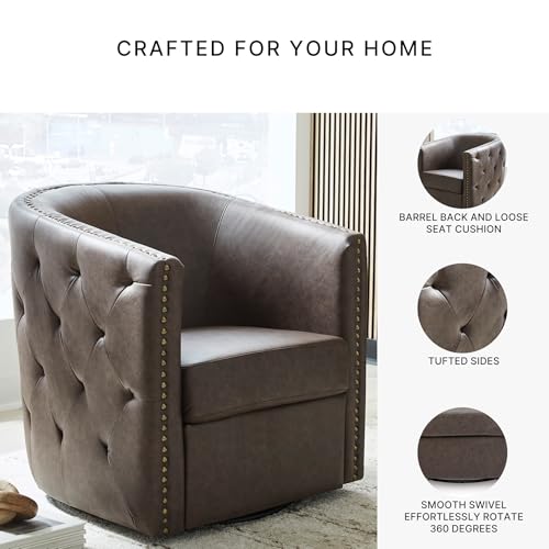 Image of Signature Design by Ashley Brentlow Swivel Chair with Faux Leather Upholstery, Barrel‑Back Seating, Antiqued Nailhead Trim and Tufted Sides for Living Room or Bedroom, Dark Brown