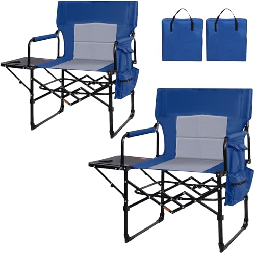 Image of Romswi 2Pack Director Chairs for Outdoor, Folding Camping Chair, Compact Directors Chair Side Table and Side Bag, Heavy Duty Oversize Chair for Beach Fishing Picnic, Holds up to 400 lbs Blue