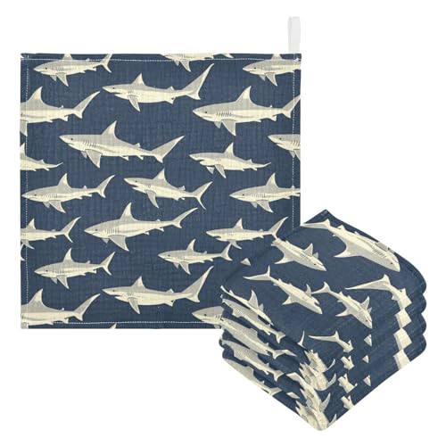 Image of vvfelixl Sharks in Ocean Baby Burp Cloths Baby Muslin Washcloths for Boys Girls Cotton Babys Face Towel for Newborn Infants Soft and Absorbent 11.8 X 11.8 in, 5 Pack