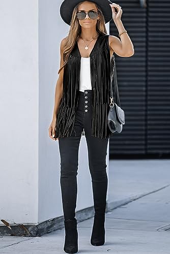 Dokotoo Womens Fringe Vest 70s Hippie Costume Sleeveless Cowgirl Western Outfits Faux Suede Tassel Leather Outerwear4