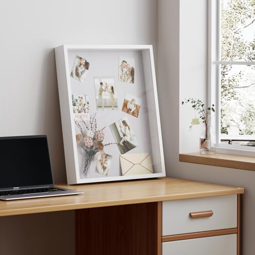 Image of Muzilife 16x20 Shadow Box Frame in White with MDF Wood Frame and Soft Linen Back, Large Shadow Box Display Case for Memorabilia, Photos, Flowers for Wall or Tabletop Display with 8 pins