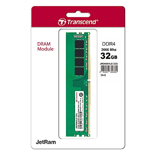 Image of Transcend 32GB DDR4 2666 Desktop Memory, JetRam Memory, DRAM Chips up to 21GB /s - 288 pin, 2Rx8, CL19, DIMM Type - Unbuffered Long-DIMM - U-DIMM - JM2666HLE-32G