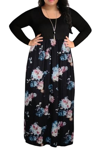 Image of Nemidor Women Plus Size Casual Maxi Dress Long Fall Pockets | Size 14-26 plus, elastic waist, long sleeve, round neck, loose, boho, curvy, winter, wedding, daily, vacation, work, holiday