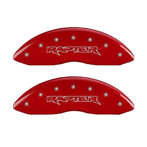 Image of MGP Brake Caliper Covers Compatible with 2012-2020 Ford F-150 (Requires 18 inch+ Wheels or Larger and Mechanical Park Brake) Powder-Coated Finish, 4 PCS Front and Rear - Red, Raptor Engraving
