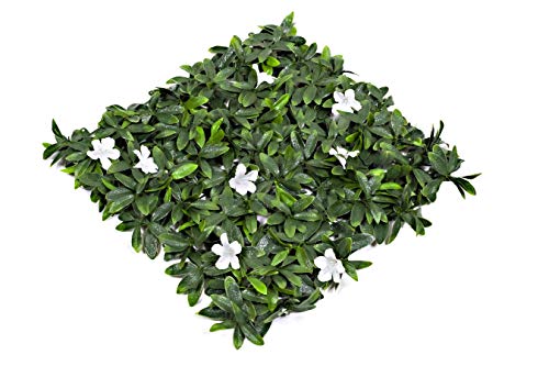 GreenBrokers Künstliche grüne Wandhecke mit dunklem Laub und weißen Blüten (4 Stück), UV-stabil, vertikaler Garten