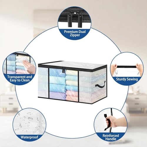 Vasmeiy 3 Stück 35L Aufbewahrungstasche Transparent, Faltbare Umzugskartons, Verstärkt Griff mit Deckel Kleiderbox Umzugskartons für Klamotten, Kleider, Bettdecken, T-Shirts, Decke, Bettwäsche