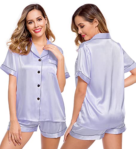 Image of LecGee Womens Silk Satin Pajamas Short Sleeve Loungewear Two-Piece Sleepwear Button-Down Pj Set