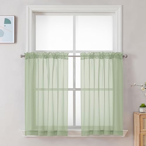 Image of Chyhomenyc Light Green Sheer Curtains 36 inch Length 2 Panels Set, Light Filtering Voile Short Window Curtians for Bathroom Living Room Farmhouse Small Windows, Each 42Wx36L in, 2PCS