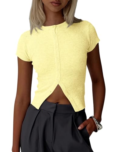 Image of Imily Bela Womens Short Sleeve Sweater Tops Summer Button Down Casual Ribbed Knit Slim Fit Cropped Cardigan Shirts