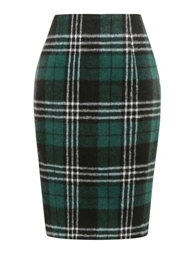 Kinghua Womens Wool Plaid Pencil Skirt Fall Winter High Waisted Slit Bodycon Knee Length Midi Skirt, Green 01, Medium