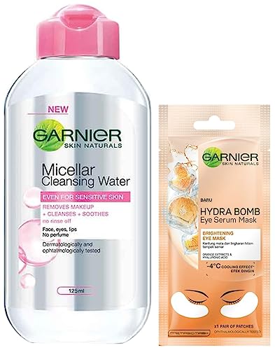 Image of Garnier Skin Naturals, Micellar Cleansing Water, 125ml & Garnier Hydra Bomb Eye Serum Mask, Orange, 6 g