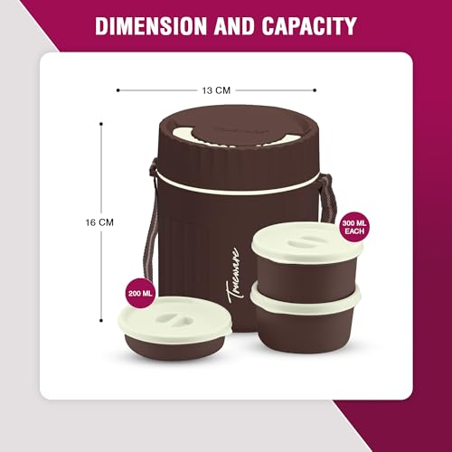 Image of Trueware SNAKK 2 Insulated Hot Lunch Box with 3 PP Container, 2 Container 300 ML Each & 1 Container 200 ML, Food Grade, BPA Free | Office Lunch Box | Tiffin Box