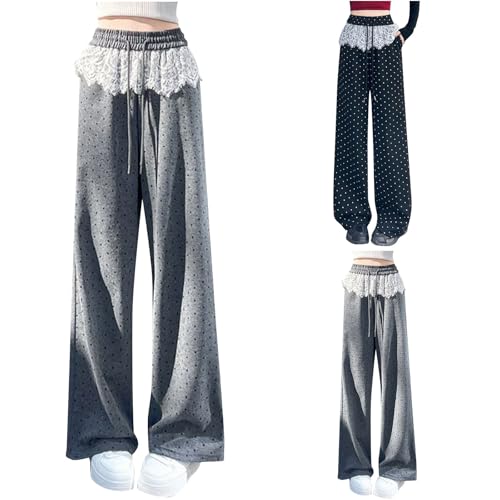 HGps8w Lace Patchwork Ploka Dots Pants for Women Summer Casual Elastic Waist Loose Straight Wide Leg Trousers with Pockets2