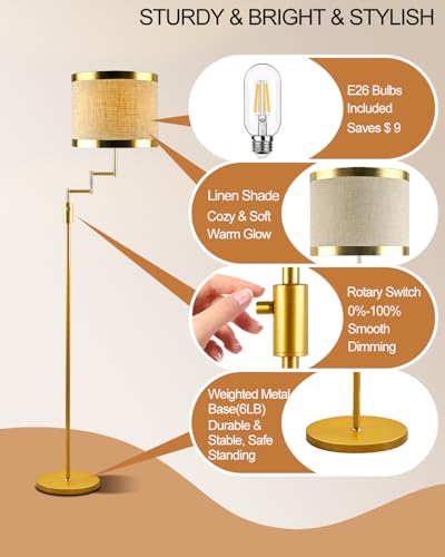 Image of Lightdot 70IN Gold Floor Lamp Dimmable Linen Shade LED Floor Lamps with 3000K for Wedding /Party,350 Degree Swing Arms, Modern Tall Lamp for for Reading, Sewing, and Craft (Bulbs Included)