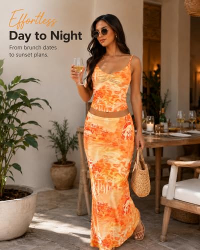 Image of Two Piece Skirt Set Women Maxi Long Skirt and Top Outfit | Soft stretchy 5 pc, slim bodycon, adjustable spaghetti straps, ruched crop tank, elastic waist, going out, beach vacation
