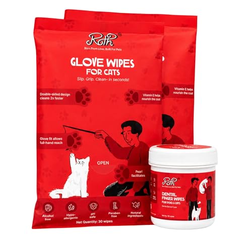 Image of ROTH Monthly Care Kit for Cats | Dental Wipes + 2 x 4 pc Grooming Gloves | Full Month Pet Care Solution | Vet Formulated Hygiene Kit
