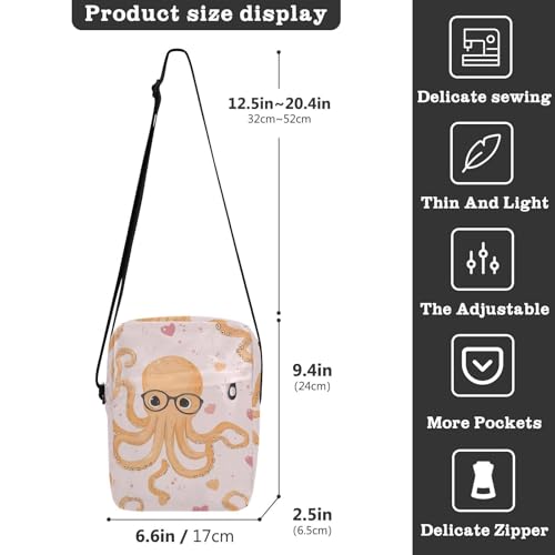 Crossbody Bag Cute Octopus Pink Hearts Glasses Messenger Bag for Women Men Purse Shoulder Bag Satchel Bag with Adjustable Strap 214B81193