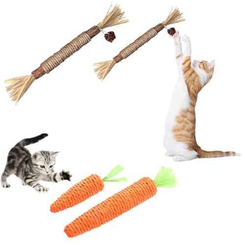 2 piezas Zanahorias de Juguete para gatos y 2 piezas Masticar Palos Gato (grandes + pequeñas), Palitos de Hierba Gatera para Gatos,Palitos para Masticar Gato Juguete