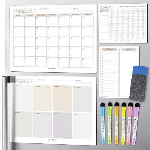 BIROYAL Magnetic Dry Erase Monthly Calendar for Refrigerator-4 Pack Dry Erase Whiteboard for Fridge-Monthly Weekly Planner Whiteboard Calendar, To Do List and Habit Tracker Whiteboards Incl. 6 Markers