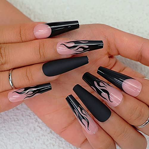 Amazon Com Misud 30pcs Long Coffin Press On Nails Black Flame Fake Nails Matte False Nails Full Cover Glossy Acrylic Nails For Women And Girls Beauty Personal Care