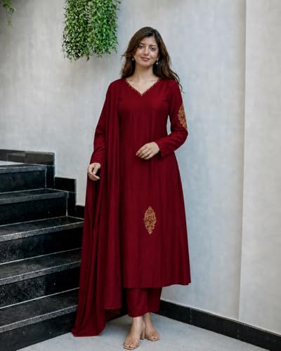 Image of ANNI Designer Kurta Set for Women Viscose Embroidered | A-Line Kurta Pant Dupatta Set for Woman | Long Sleeve V-Neck Stylish Ethnic 3 Piece Outfit Trendy Women Clothing