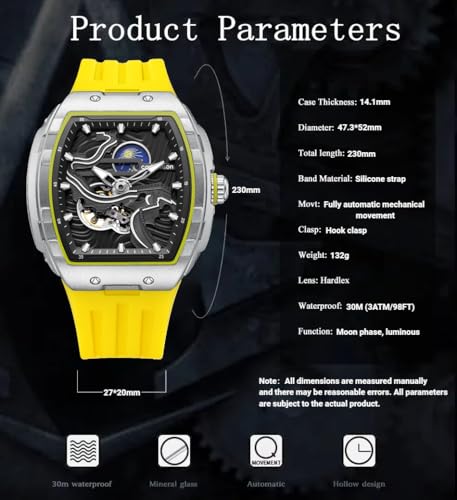 Image of Men's Luxury Steampunk Automatic Mechanical Watch Great Wall of China Pattern Carving Watch Tonneau Hollowed Moon Phase Dial Waterproof Luminous Silicone Wristwatch