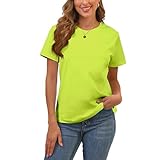 100% Cotton Women's Neon Green Short Sleeve Crew Neck T-Shirt, Regular Fit Casual T Shirt Tops, Basic Tees, Tshirt, Tshirt