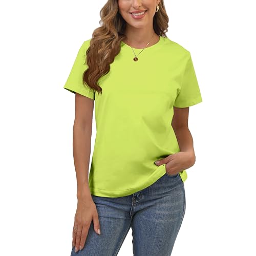 100% Cotton Womens Neon Green Short Sleeve Crew Neck T-Shirt Regular Fit Casual T Shirt Tops Basic Tees Tshirt Tshirt