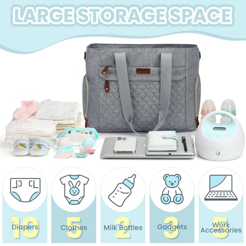 Image of Pritent Diaper Bag Tote for Working Mom, Large Travel Diaper Tote for Mom and Dad with 14 Inch Laptop Sleeve, Mommy Maternity Travel Baby Bag for Boys and Girls, Grey