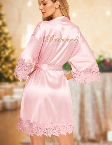 Image of EPLAZA 4 Pcs Bride Robe for Wedding Day Set Bridal Robe with Slippers Lace Trim Wedding Robe for Bridal Bachelorette Party