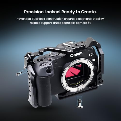 Image of Simpex Metal cage for EOS R8 Built-in Quick Release Plate for arca-Type with 1 /4 Threaded Holes, 3 /8″ locating Holes for arri, Included Cold Shoe