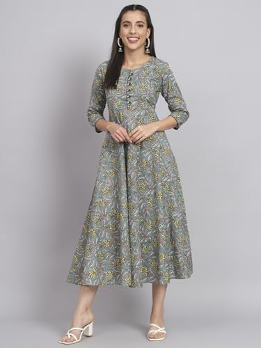 Image of Rapsodia Womens Cotton Green & Brown Floral Printed Flared Kurta