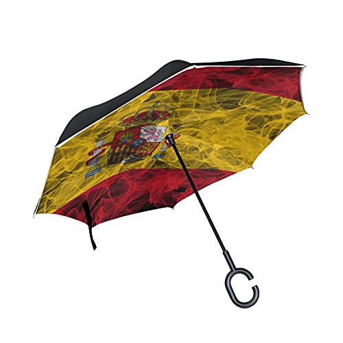 Paraguas invertido grande de la bandera de España, sombrilla inversa de lluvia, paraguas de doble capa fuerte para coche con protección UV al revés con mango en forma de C Cover