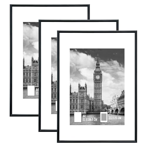 Image of GOmaize Front Loading Aluminum alloy Black Picture Frame A4 Set of 3 Wall and Table Mounting